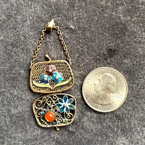 Gorgeous enameled vintage silver purse charm.